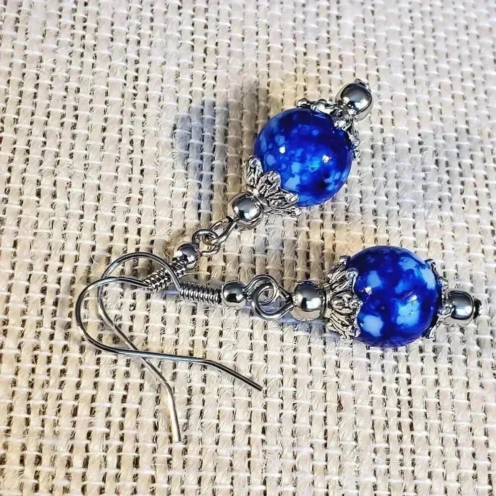 Art Nouveau Mottled Cobalt Blue White Glass Beads Antiqued Silver Earrings